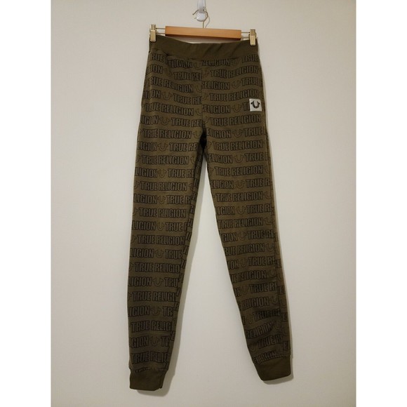 True Religion Youth Size L Jogger Fleece Sweatpants Olive Green Logo Print - Picture 2 of 8
